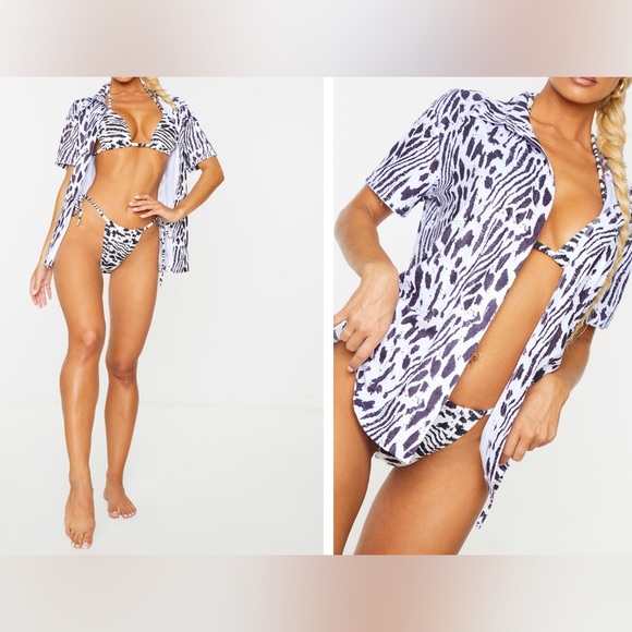 PrettyLittleThing Other - Multi Animal Print Towel Beach Shirt & BIKINI SET